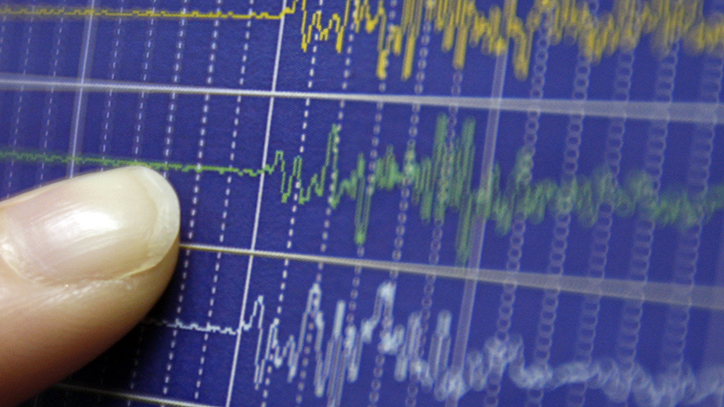 An employee of Japan's Meteorological Agency points on a graph showing ground motion waveform data