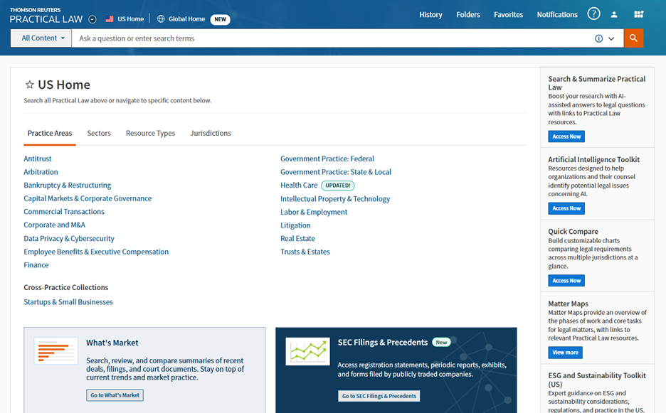 Practical Lawは、各国の法制度の概要や実務解説、さまざまなテンプレー トを横断的・直感的に使用できる。