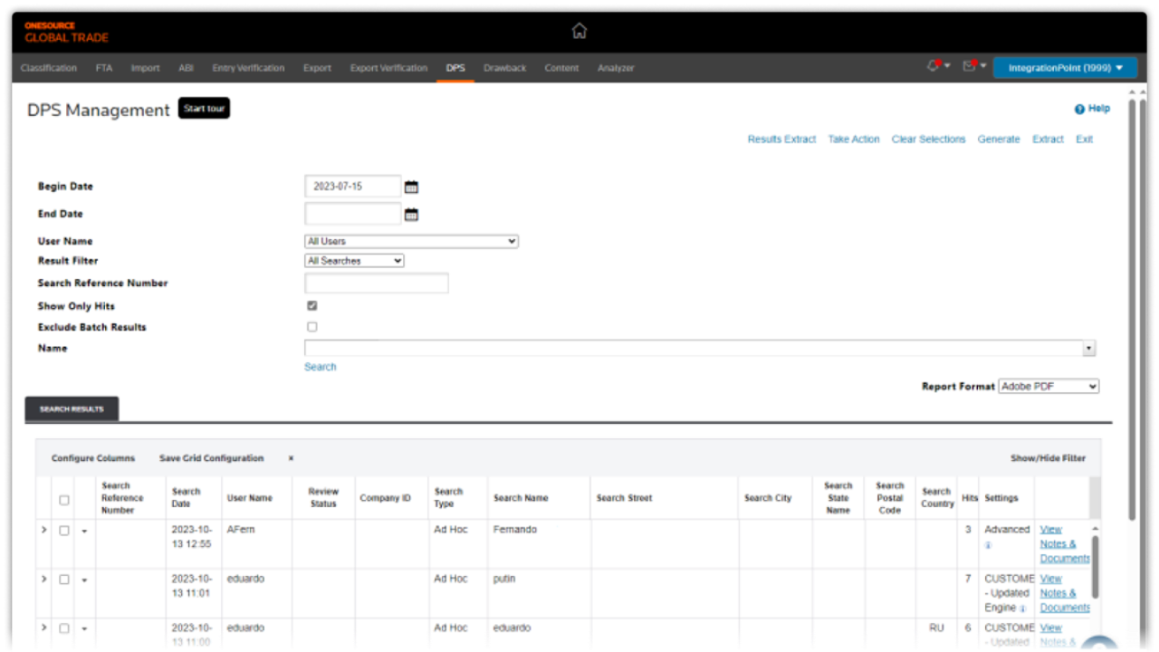 Denied party screening management screen