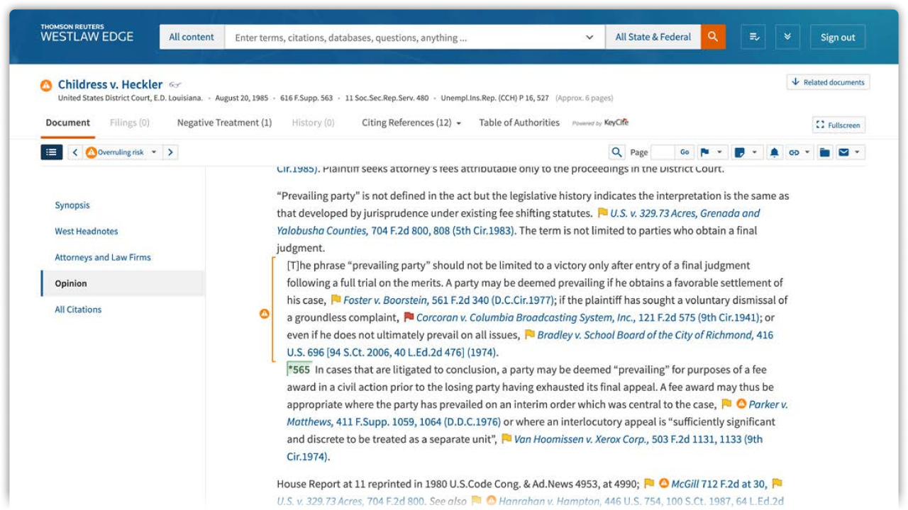 Keycite Overruling Risk screenshot